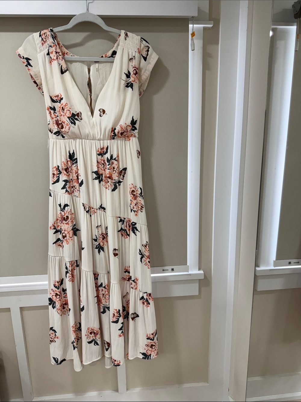 Free People Cream Floral Tiered Midi Dress with Pink Roses